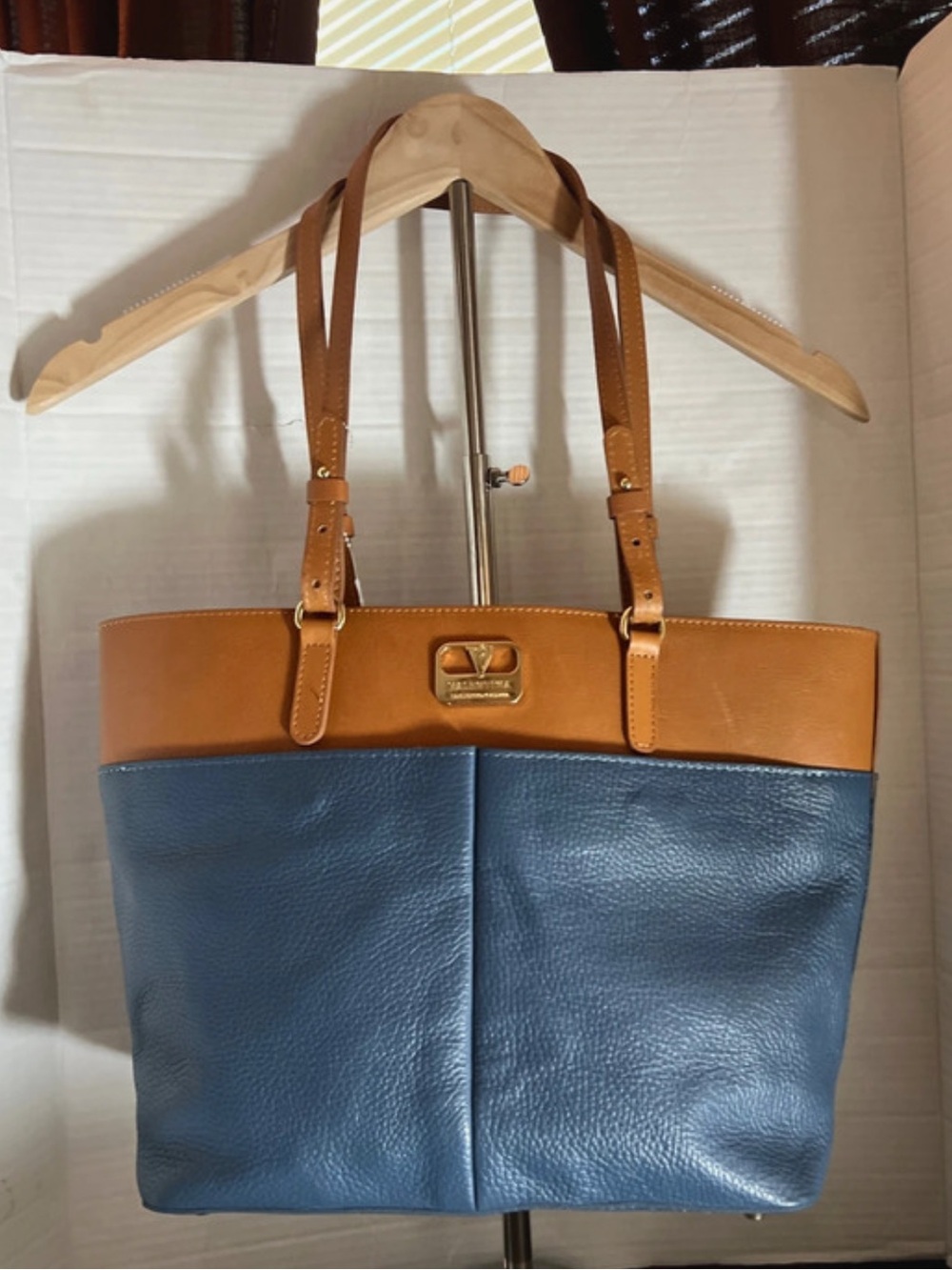 Valentina Two-Tone Leather Handbag - Blue & Tan Accents